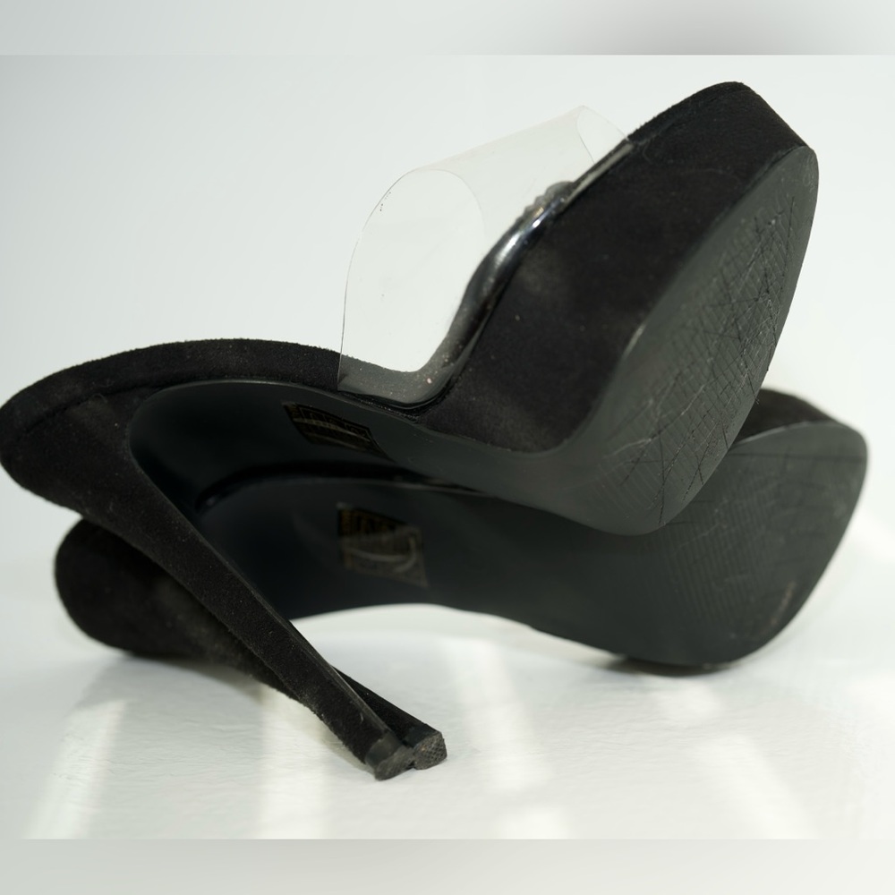Pretty Little Thing BLACK HIGH PLATFORM CLEAR MULE SANDALS Suede PVC Size UK 6 - Picture 9 of 16